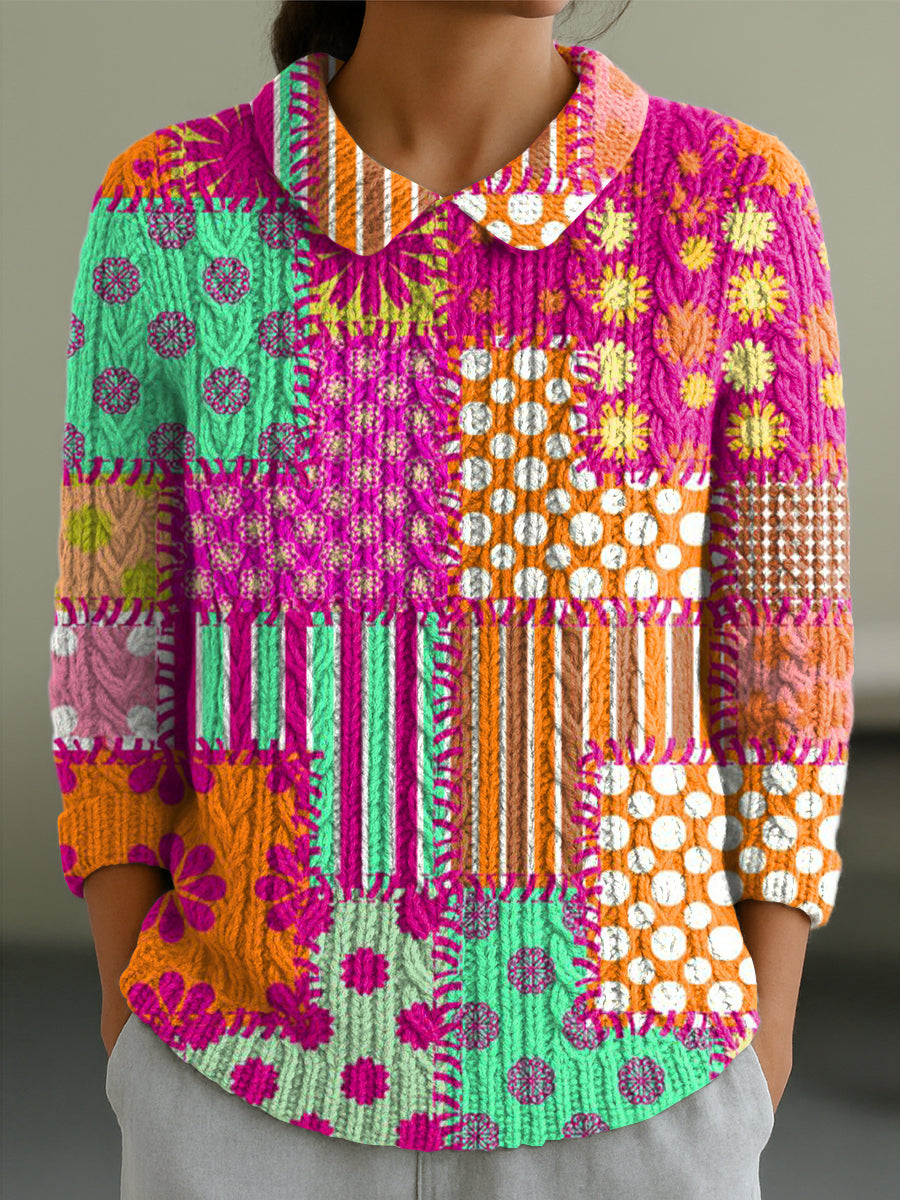 womens-beautiful-colorful-geometric-plaid-splicing-art-print-casual-peter-pan-collar-3-4-sleeve-sweater