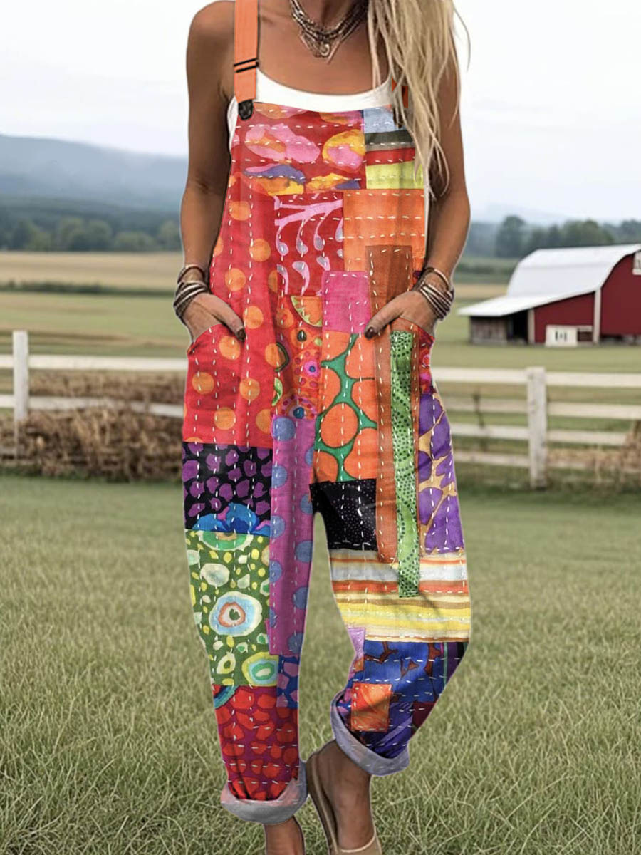 Women's Vintage Patchwork Pattern Art Print Casual 100% Cotton Wide Leg Jumpsuit