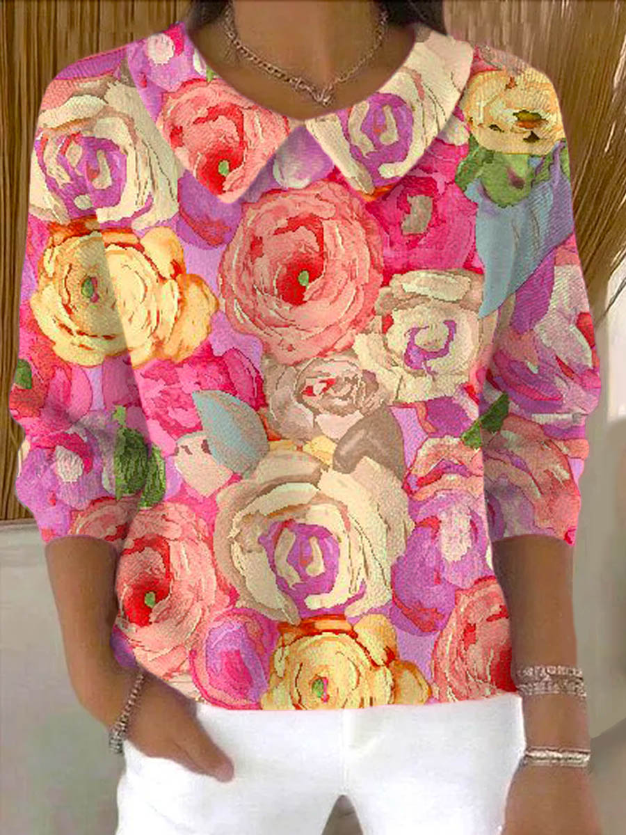 womens-lovely-floral-art-print-casual-peter-pan-collar-3-4-sleeve-sweater-r5l0