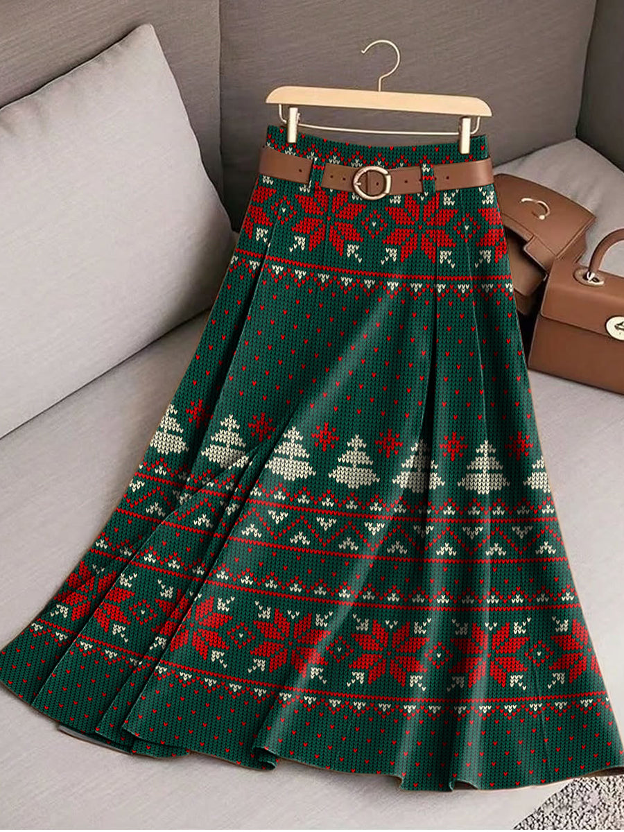 Women's Vintage Beautiful Christmas Tree Snowflake Pattern Art Print Cotton Skirt