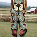 Women's Lovely Floral Swan Pattern Art Print Casual 100% Cotton Wide Leg Jumpsuit