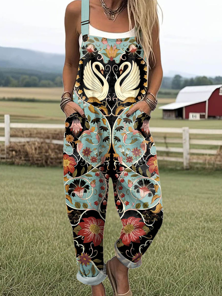 Women's Lovely Floral Swan Pattern Art Print Casual 100% Cotton Wide Leg Jumpsuit