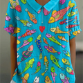 Chemise décontractée pour femme en coton et lin imprimée d'un motif amusant de banc de poissons 