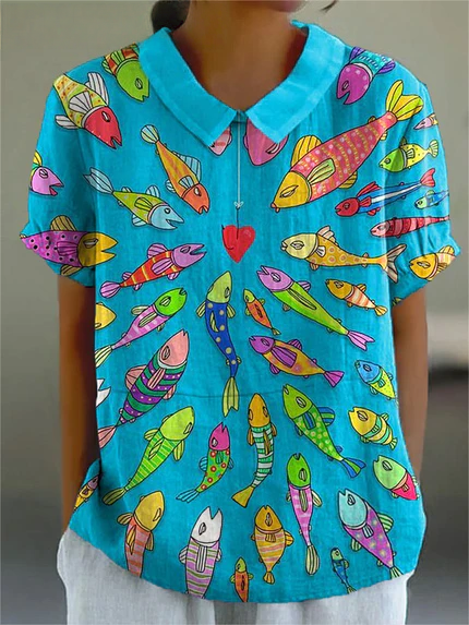 Chemise décontractée pour femme en coton et lin imprimée d'un motif amusant de banc de poissons 