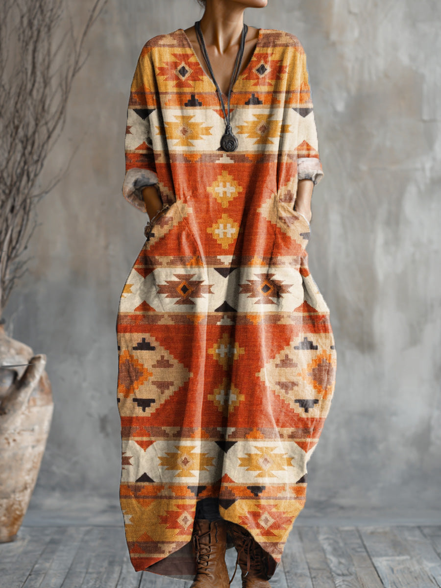 Women's Vintage Ethnic Diamond Geometric Stripe Art Print Pocket V-neck Cotton Dress