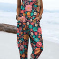 Women's Vintage Flower Art Print Casual 100% Cotton Wide Leg Jumpsuit