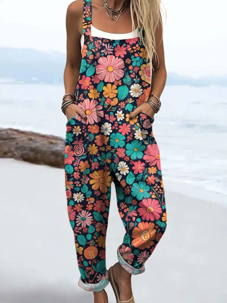 Women's Vintage Flower Art Print Casual 100% Cotton Wide Leg Jumpsuit