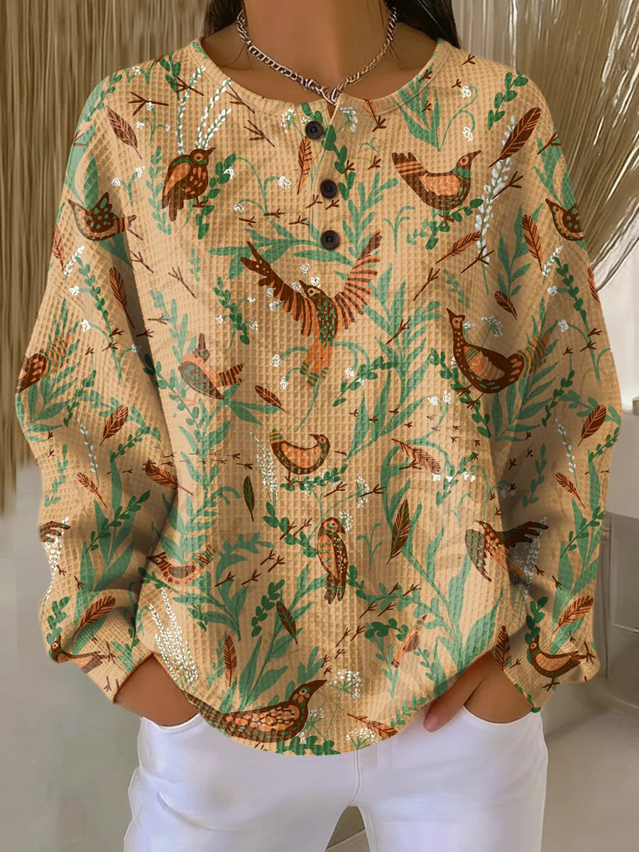 Women's Beautiful Ethnic Flowers and Birds Painting Art Print Casual Cotton Sweatshirt