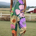 Women's Colorful Large Flower Painting Art Print Casual 100% Cotton Wide Leg Jumpsuit