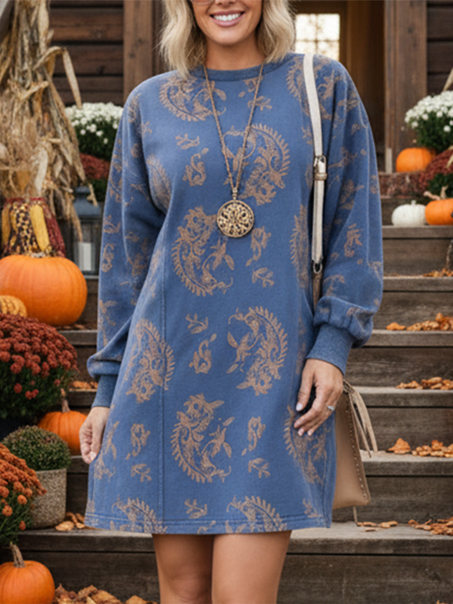 Women's Casual Vintage Perris Print Crew Neck Dress