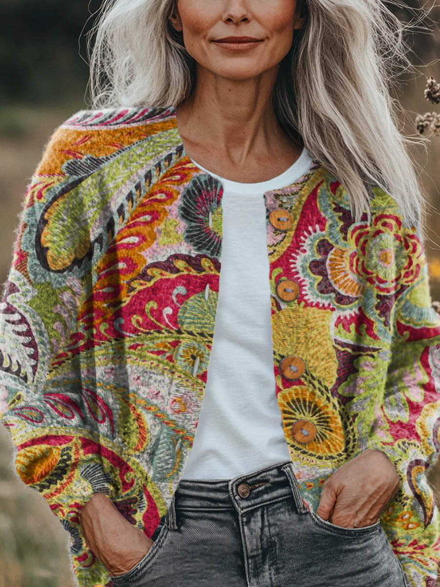 Women's Vintage Lovely Floral Art Print Buttoned Cardigan Sweater