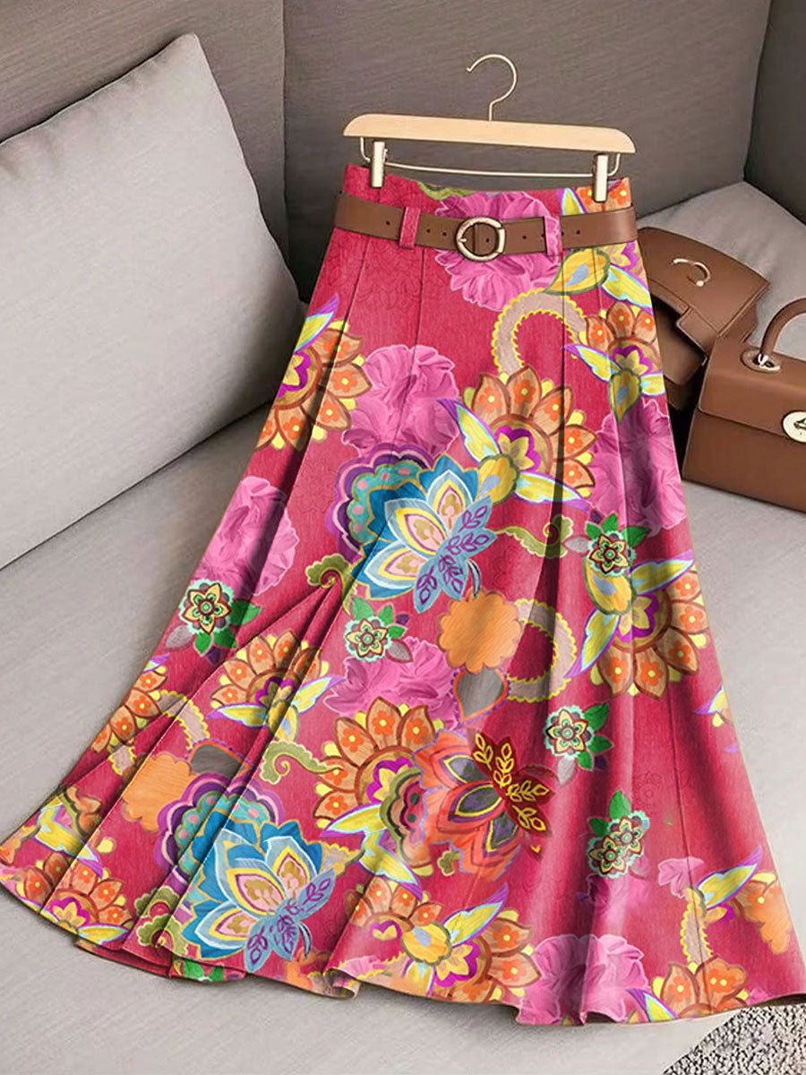 Women's Vintage Flower Art Print Cotton Skirt