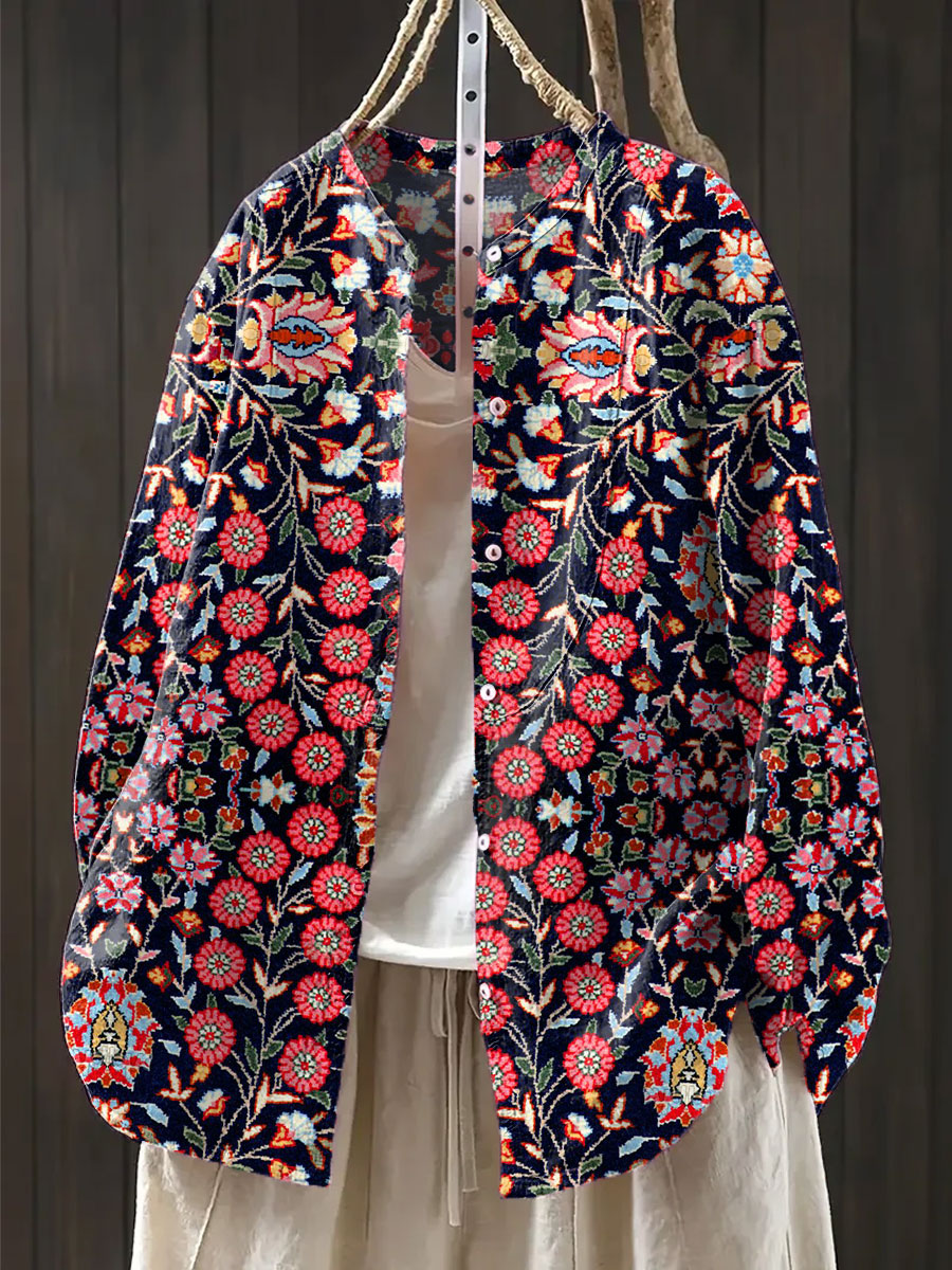 Women's Vintage Flower Art Print Casual Cotton And Linen Shirt