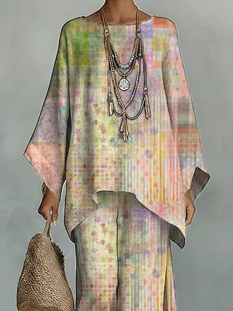 Women's Vintage Art Comfortable Loose Cotton Linen Wide-leg Pants Two-piece Set