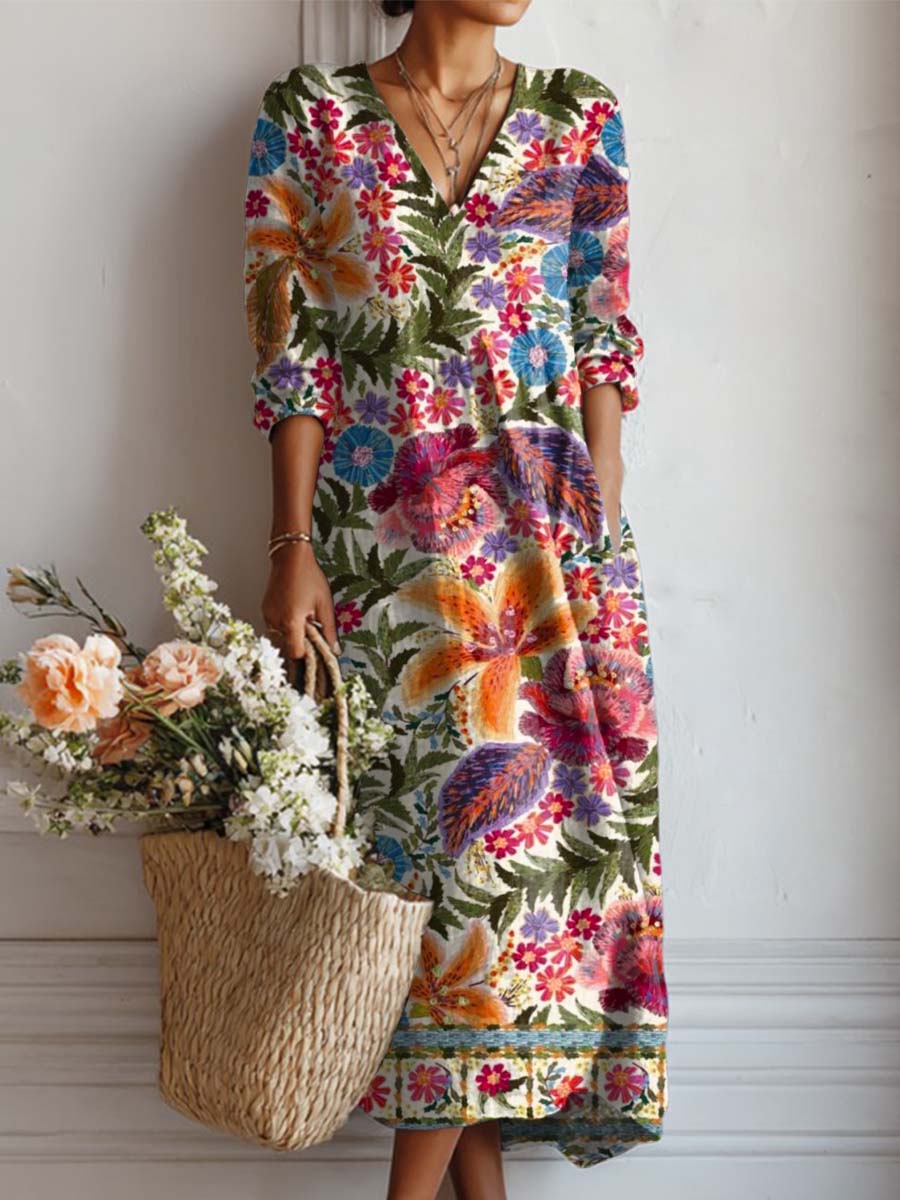 Women's Vintage Floral Art Print Casual Cotton And Linen Pocket Dress