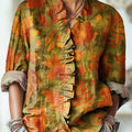 Women's Vintage Autumn Maple Leaf Painting Art Print Casual Cotton And Linen Ruffle Shirt