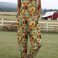 Women's Highland Cow Sunflower Print Casual Cotton Wide Leg Jumpsuit
