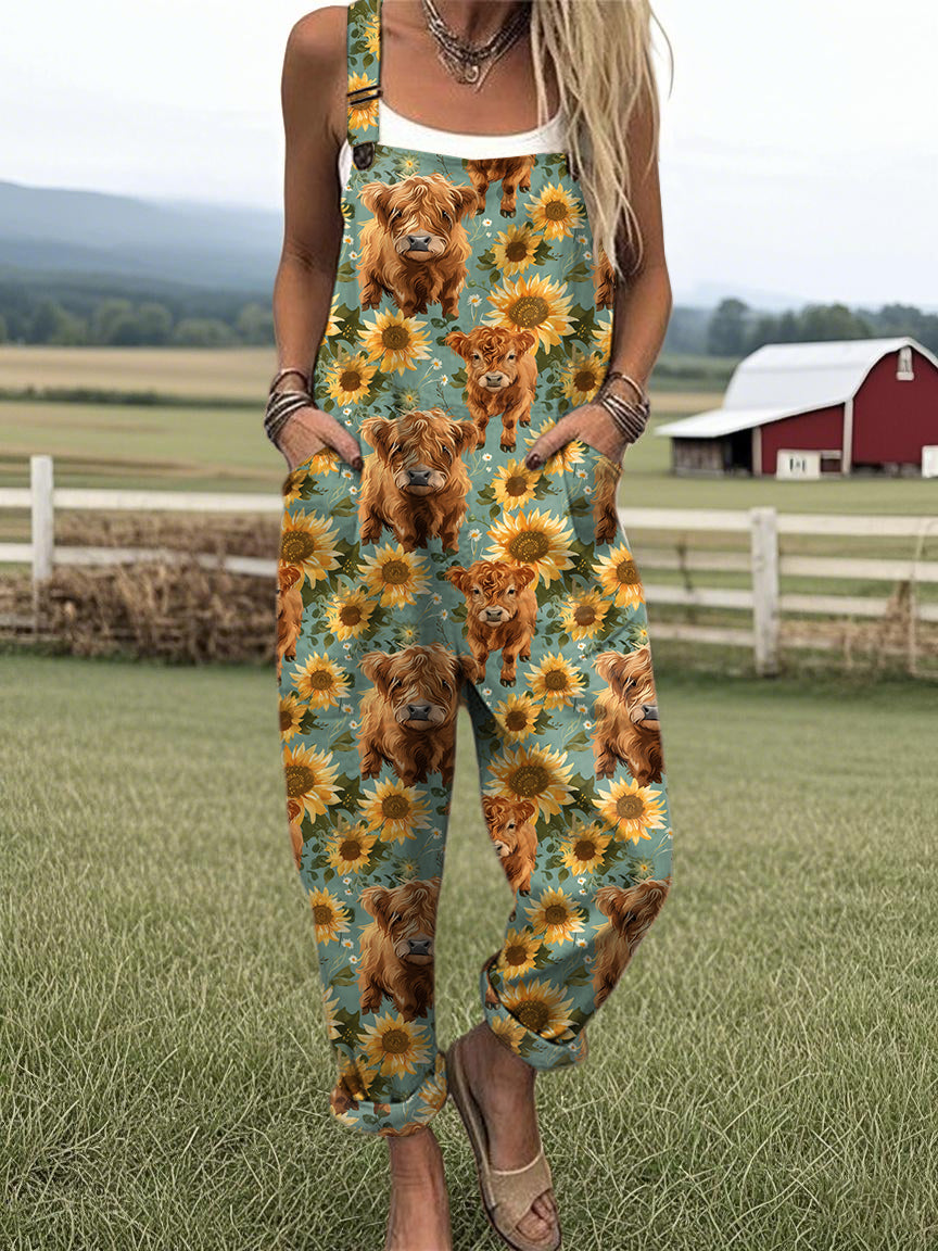 Women's Highland Cow Sunflower Print Casual Cotton Wide Leg Jumpsuit