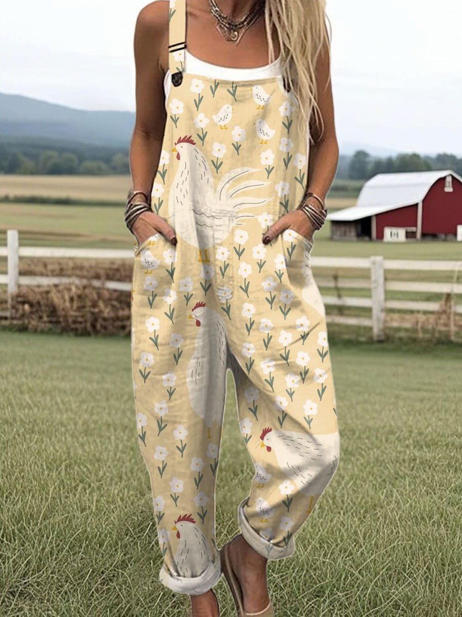 Women's  Funny Chicken Art Print Casual 100% Cotton Wide Leg Jumpsuit