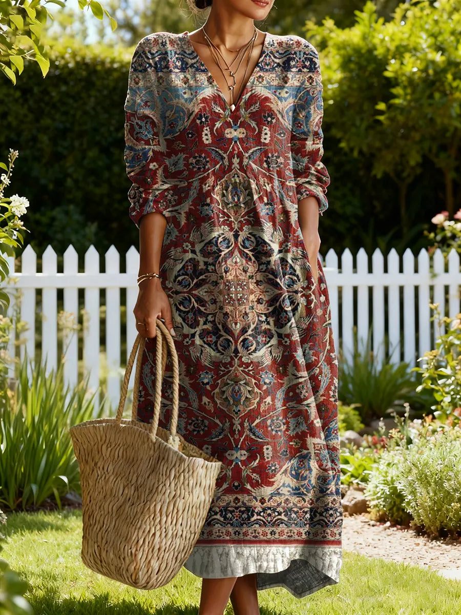 Women's Vintage Flower Art Print Linen Pocket Tunic Dress