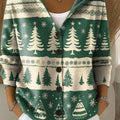 Women's Vintage Christmas Tree Bells Pattern Printed Casual Hooded Button Sweater
