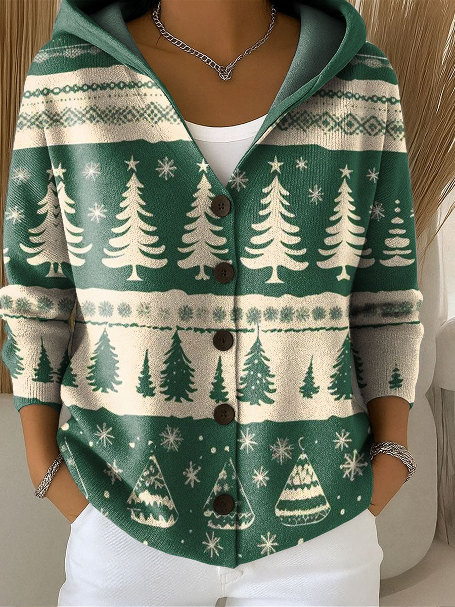Women's Vintage Christmas Tree Bells Pattern Printed Casual Hooded Button Sweater