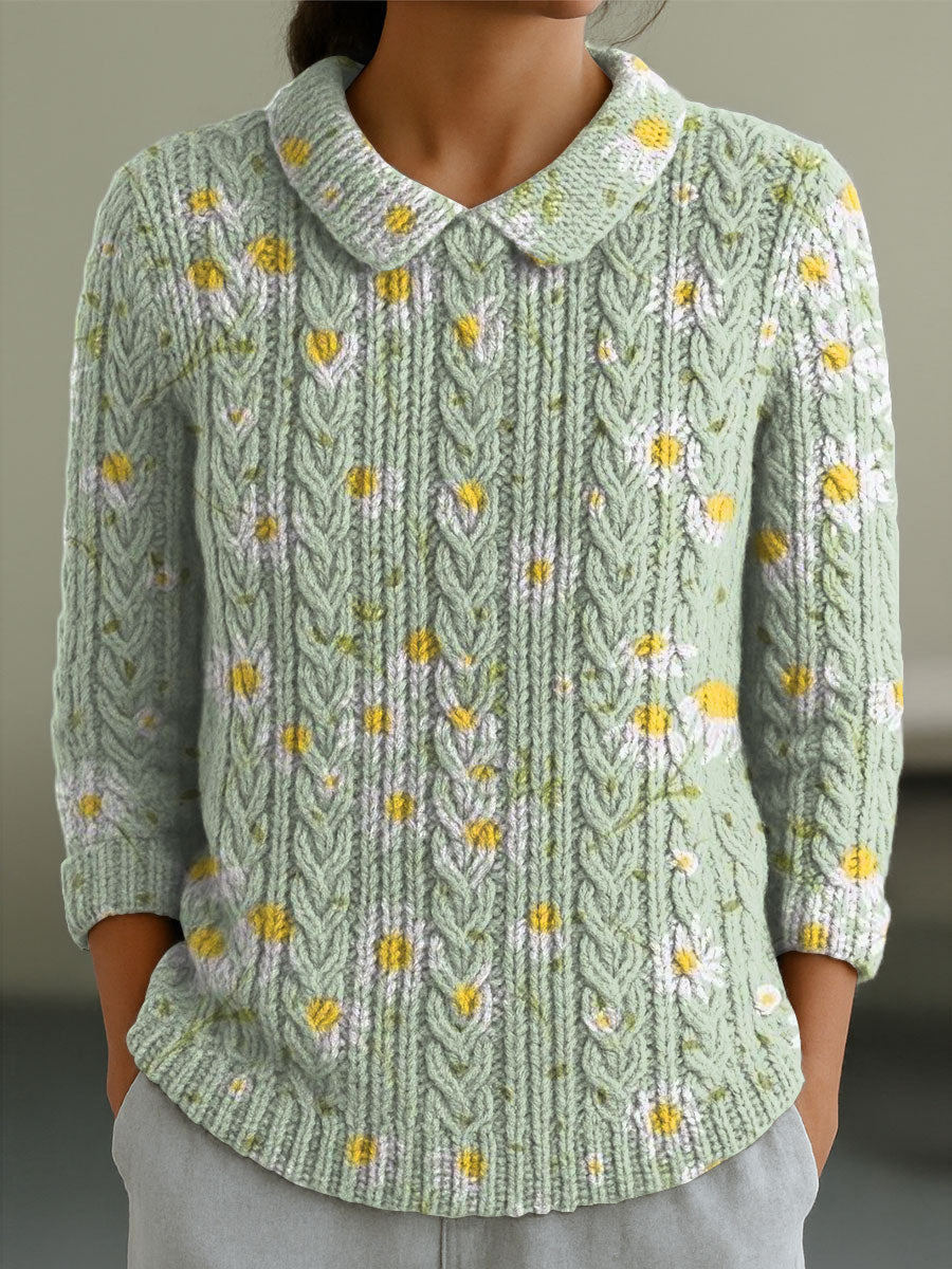 womens-vintage-floral-flower-art-print-casual-peter-pan-collar-3-4-sleeve-sweater