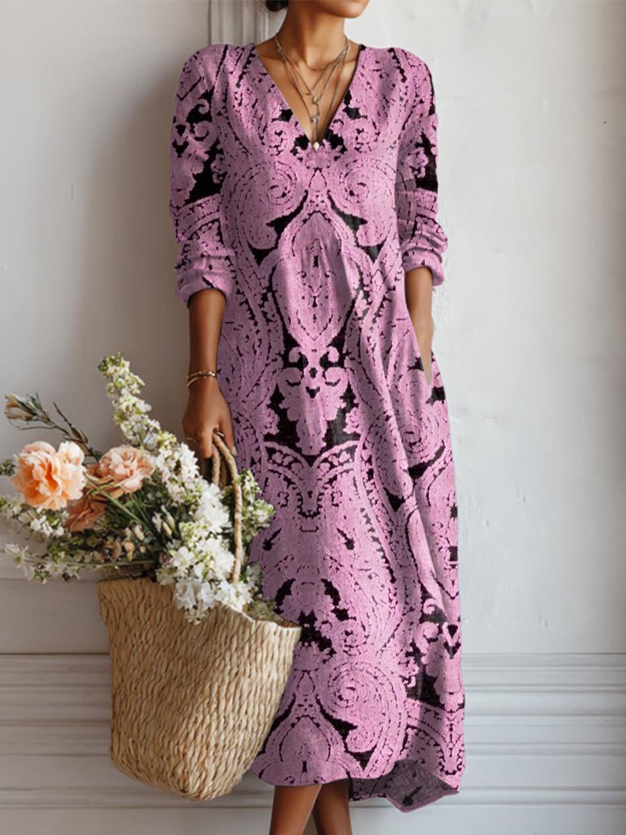 Women's Vintage Floral Art Print Casual Cotton Linen Pocket Dress