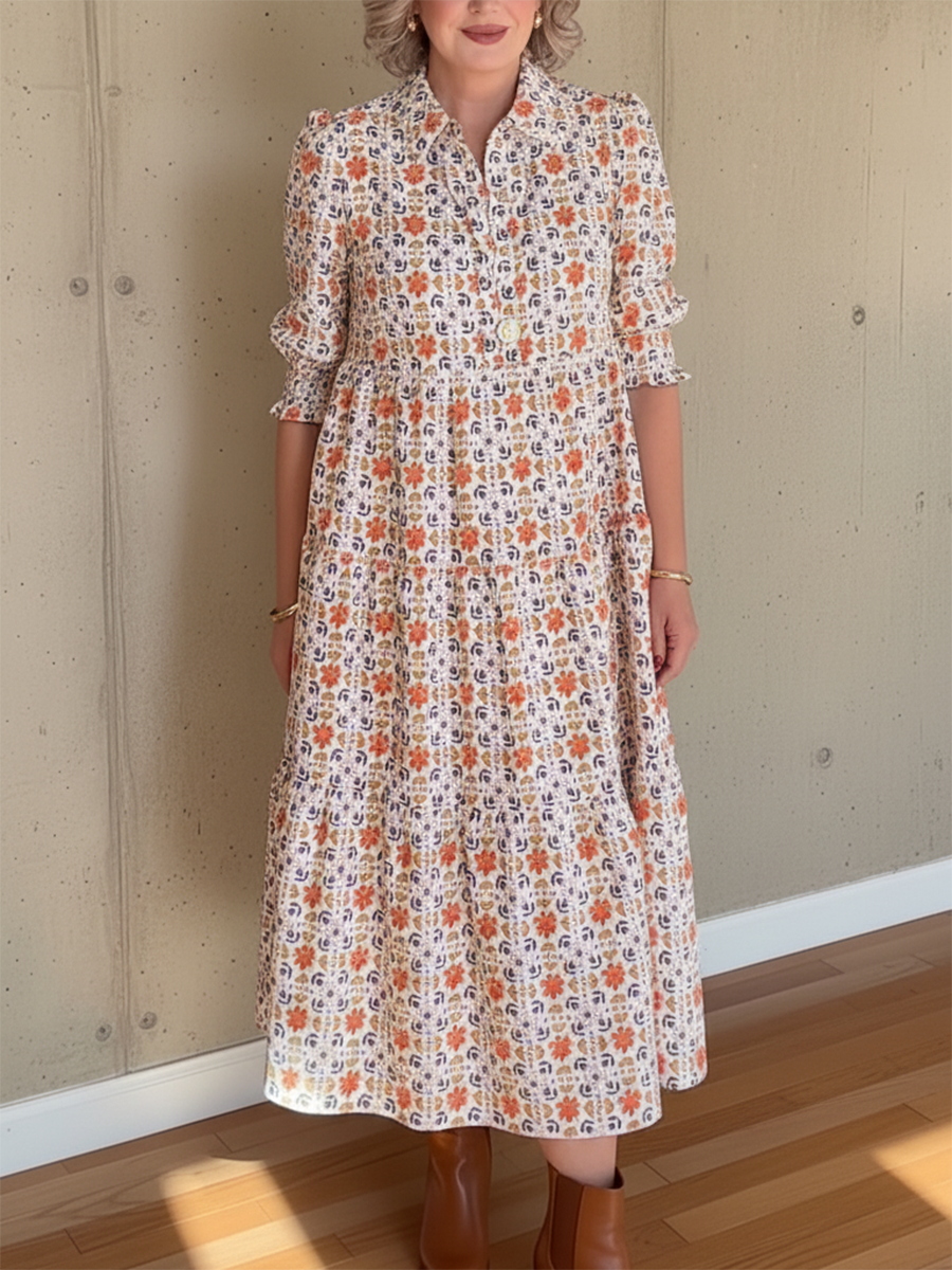 Women's Retro Orange Floral Print V-Neck Midi Dress