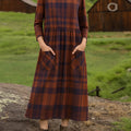 Women's Round Neck Long Sleeve Plaid Print Casual Cotton A-Line Dress