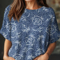 womens vintage floral art print casual crew neck short sleeve knitted sweater