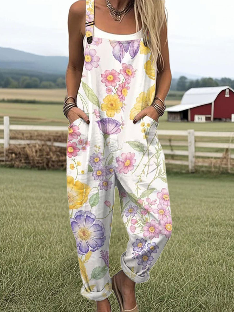 Women's Vintage Flower Art Print Casual 100% Cotton Wide Leg Jumpsuit