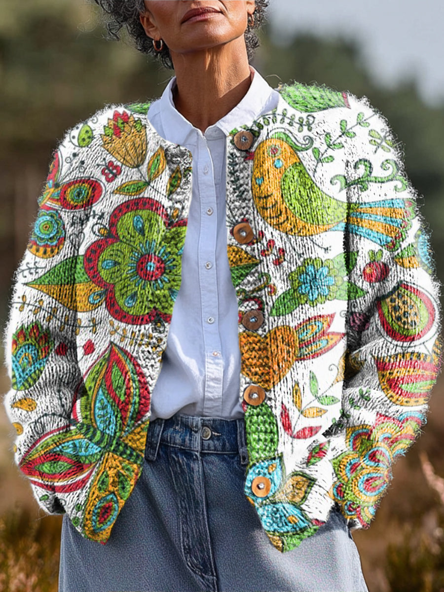 abstract-colorful-flowers-and-birds-painting-art-print-buttoned-cardigan-sweater