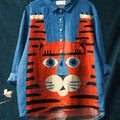 Women's Vintage Tiger Colourful Canvas Print Casual Cotton And Linen Shirt