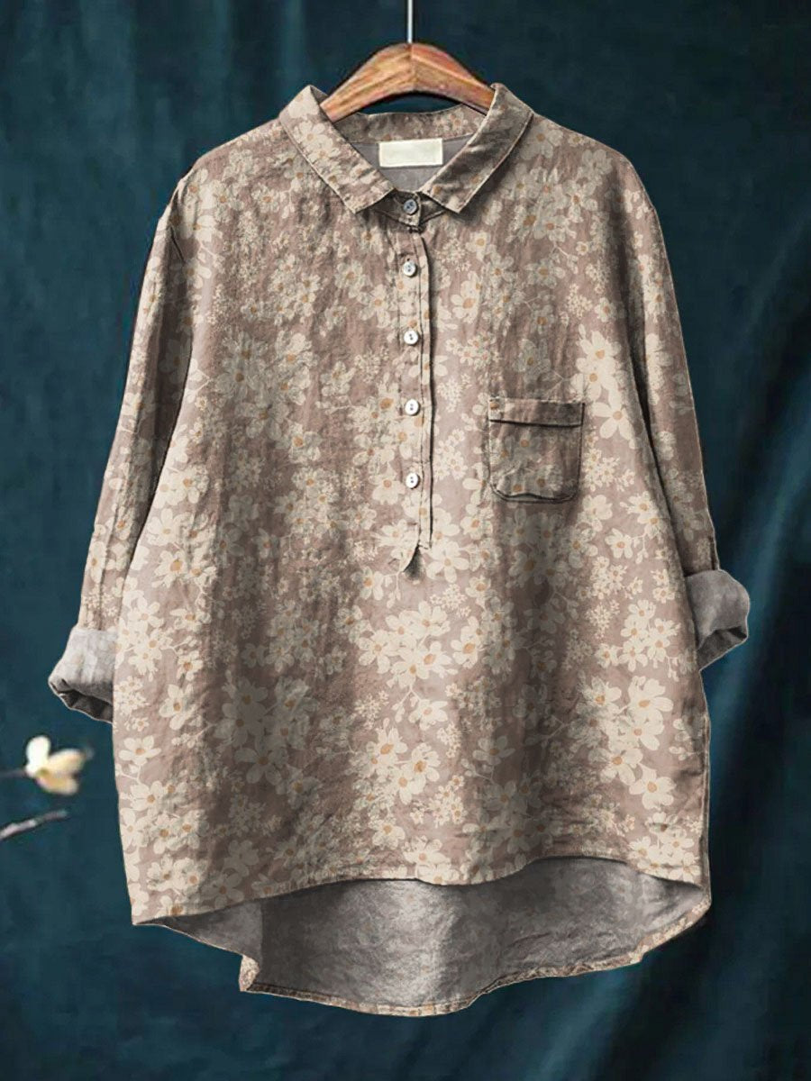 Women's Vintage Floral Art Print Casual Cotton And Linen Shirt