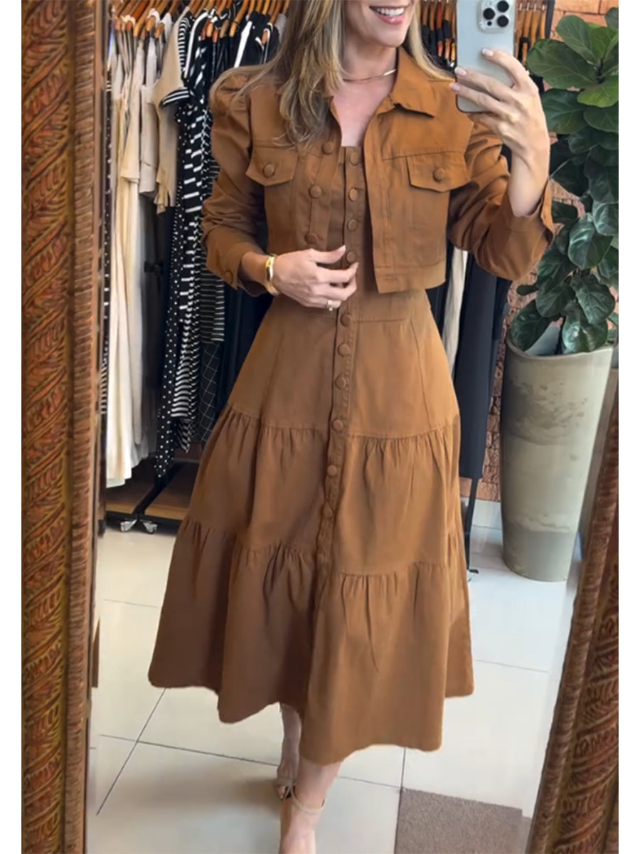 Women's 100% Cotton Cropped Puff-sleeved Jacket and Slip Dress Two-piece Set