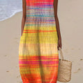 Women's Autumn Gradient Striped Vintage Art Print Sleeveless Cotton Pocket Wrap Dress