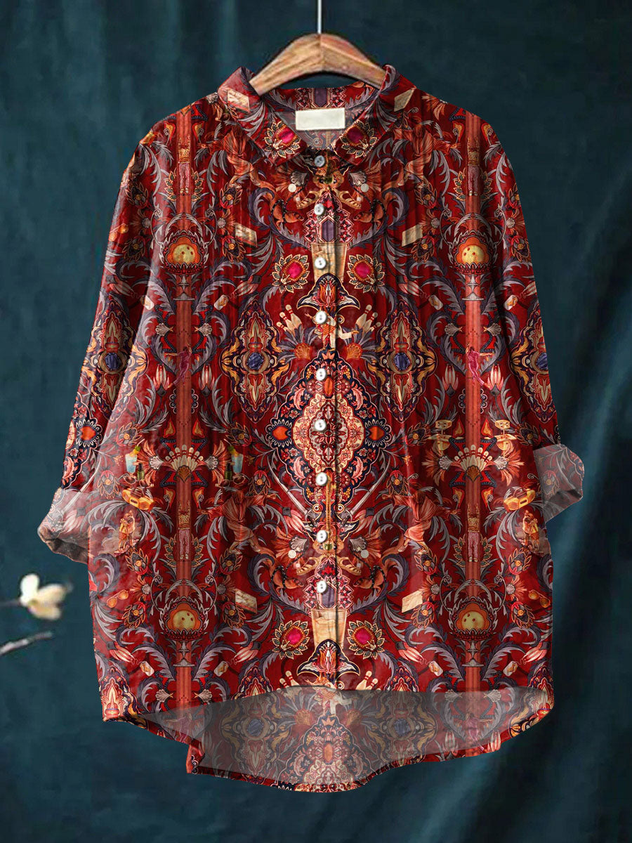 Women's Vintage Floral Pattern Art Print Casual Cotton And Linen Ruffle Shirt