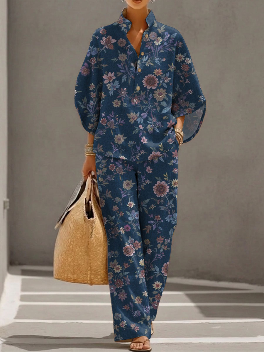 Women's Floral Print Casual Cotton-linen Two-piece Set