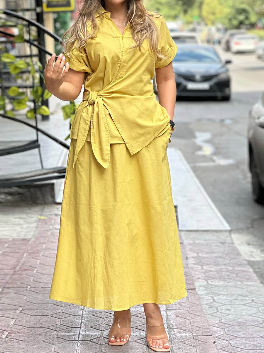 Women's Lapel Short-Sleeved Casual Tie-Drawn Cotton Top High-Waisted A-Line Pocket Skirt Solid Color Cotton and Linen Set
