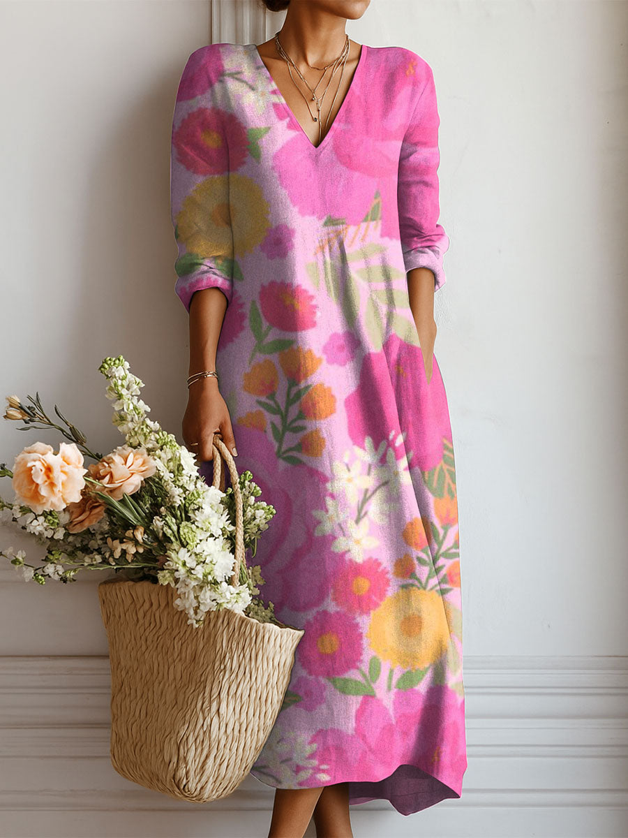 Women's Vintage Flowers Pattern Art Print Linen Pocket Dress