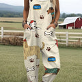 Women's  Funny Dog Art Print Casual 100% Cotton Wide Leg Jumpsuit