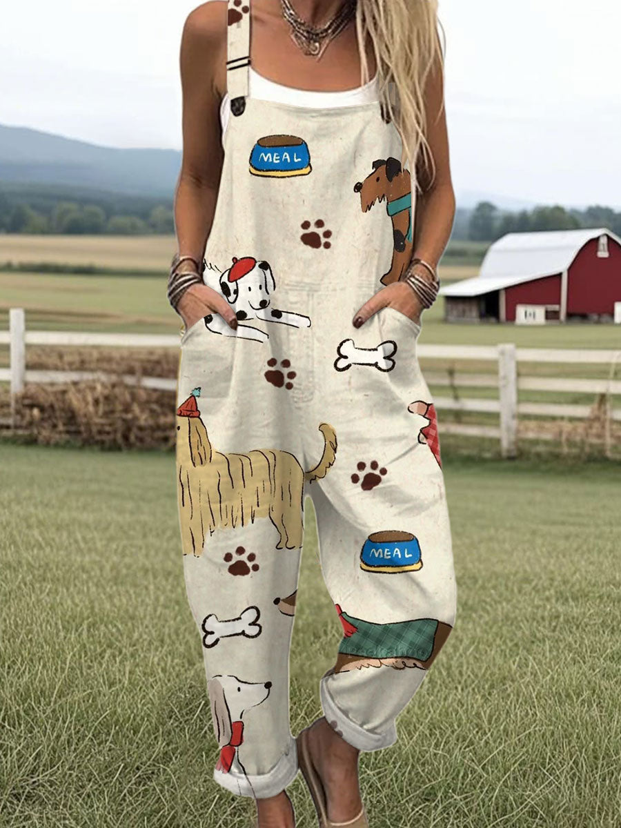 Women's  Funny Dog Art Print Casual 100% Cotton Wide Leg Jumpsuit