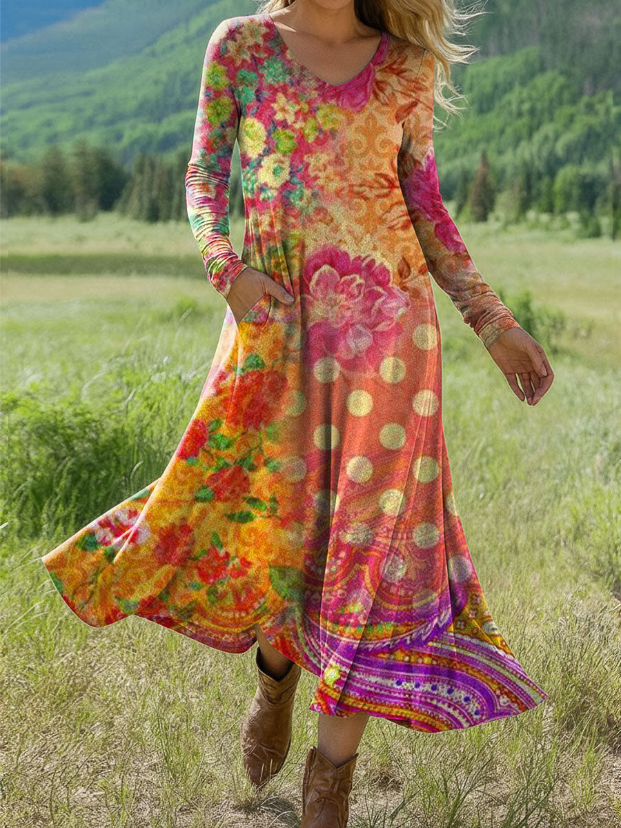 Women's Splicing Floral Print Art Print Long-sleeved Dress