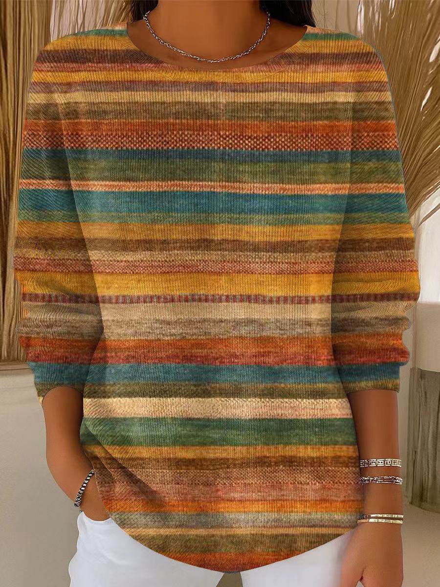 Women's Vintage Ethnic Stripe Painting Art Print Casual Pullover Sweater