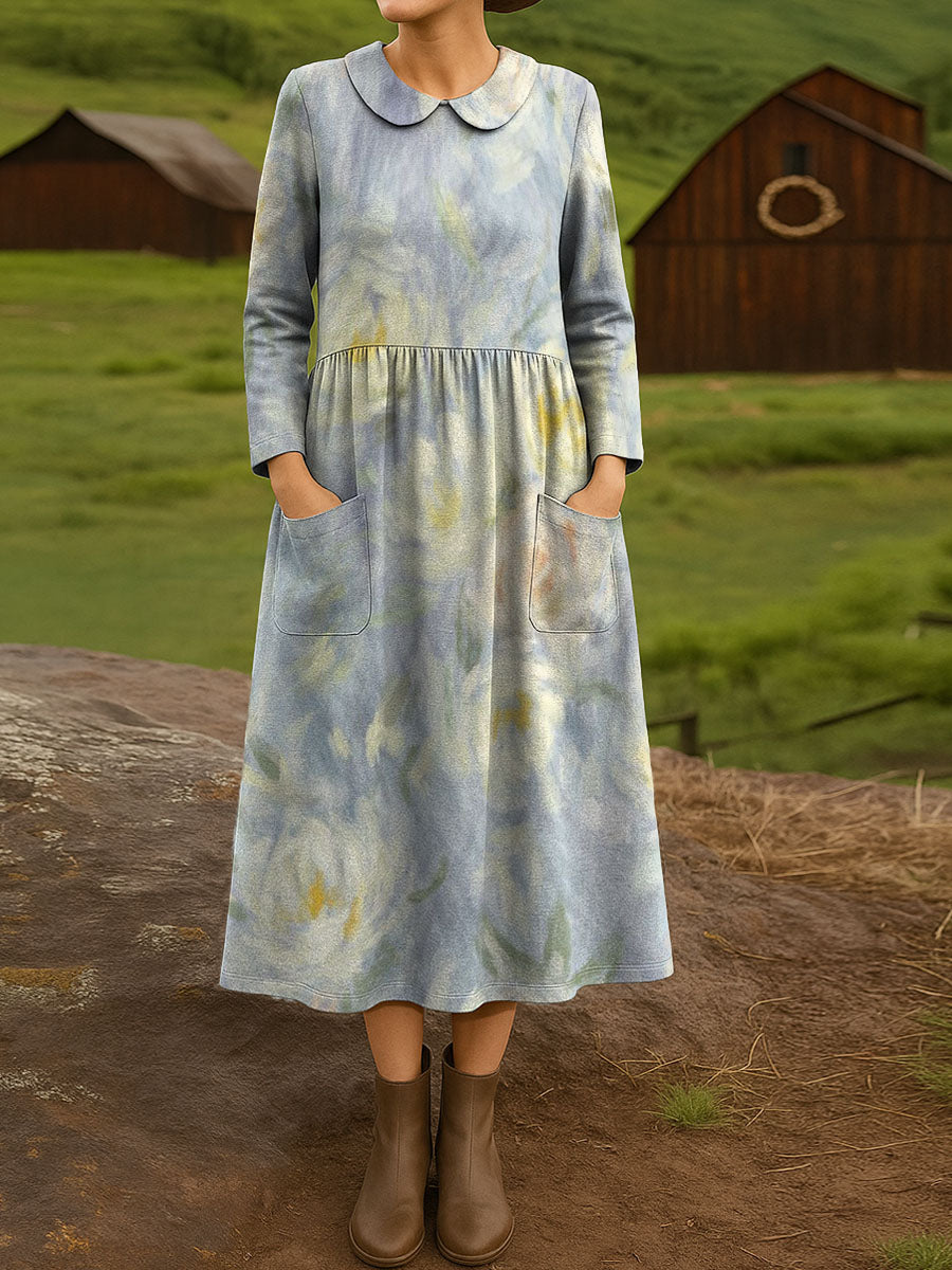 Painting art elegant flower decorative pattern Peter pan Collar Casual Dress