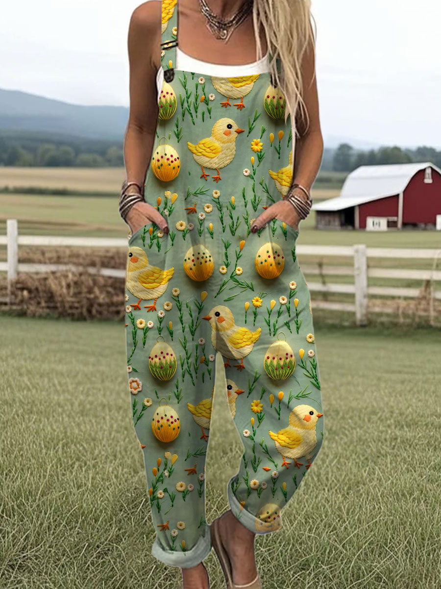 Women's  Funny Chick Art Print Casual 100% Cotton Wide Leg Jumpsuit