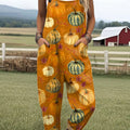 Women's  Autumn Pumpkin Vintage Art Print Casual 100% Cotton Wide Leg Jumpsuit