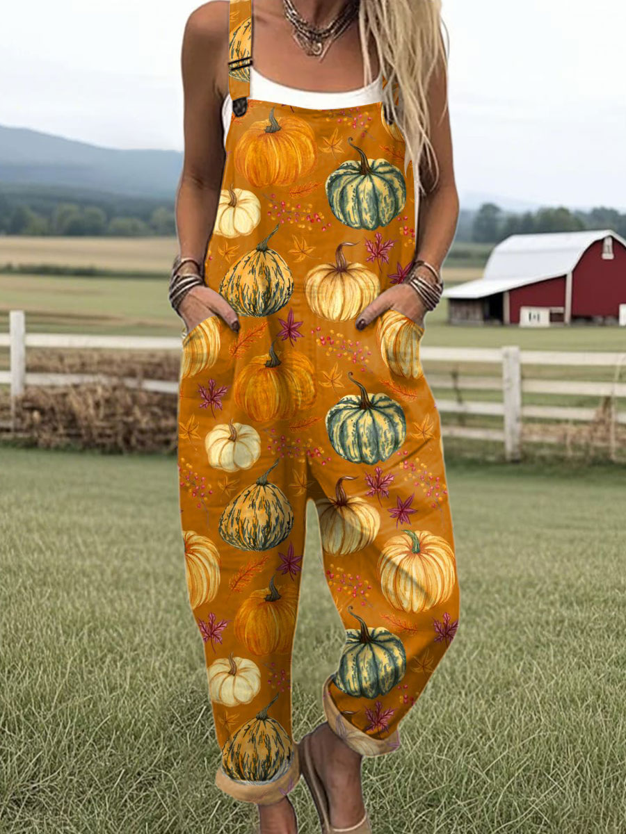Women's  Autumn Pumpkin Vintage Art Print Casual 100% Cotton Wide Leg Jumpsuit