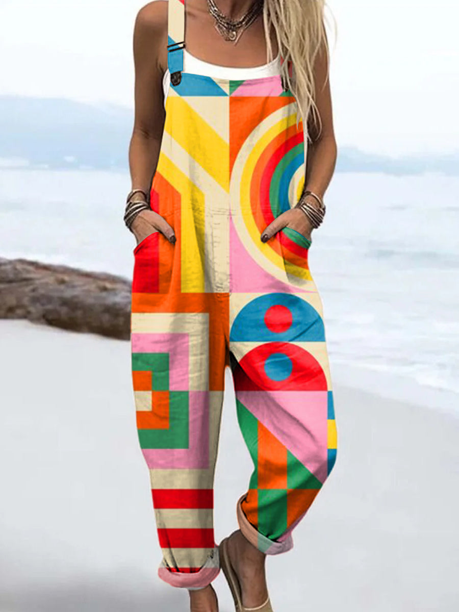Women's Colourful Art Abstract Geometry Print Casual 100% Cotton Wide Leg Jumpsuit